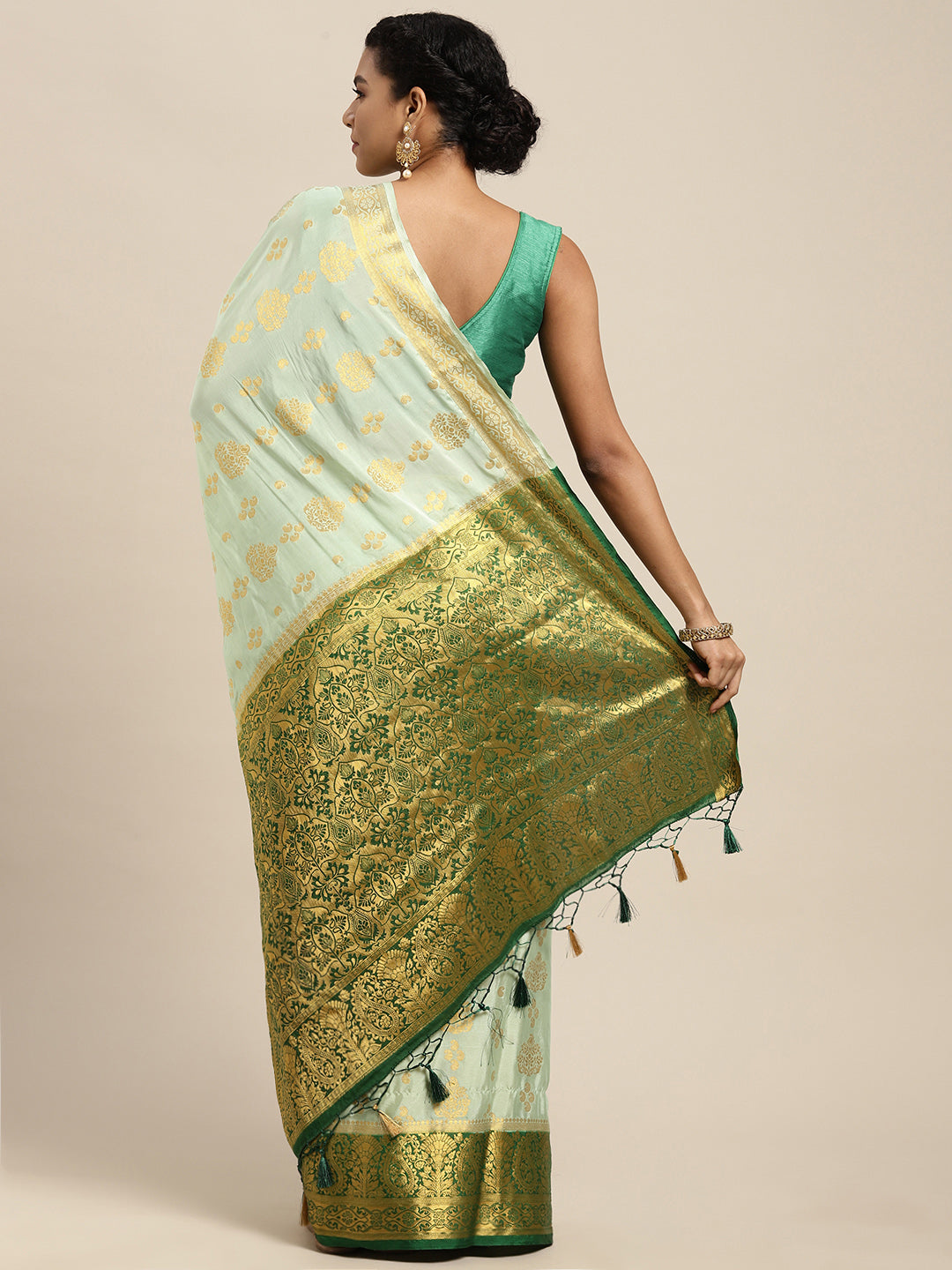 Mimosa Womens Crepe Saree Mysore Silk Pista Color