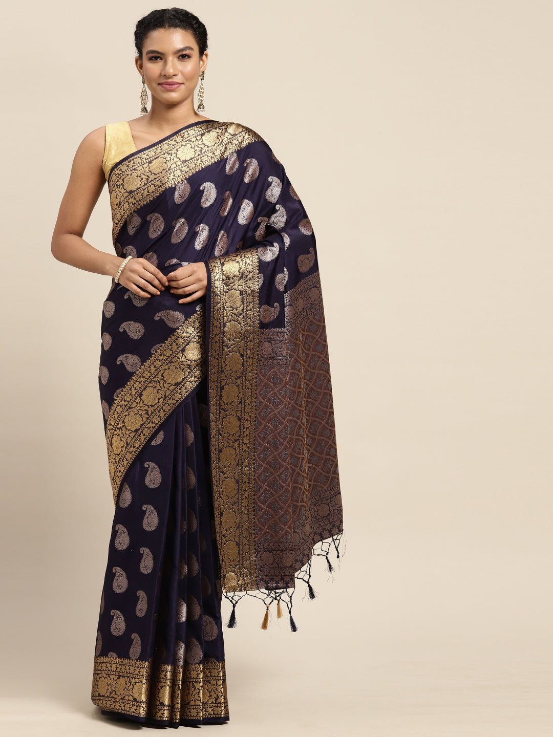 Mimosa Womens Art Silk Saree Kanjivaram Navy Blue Color