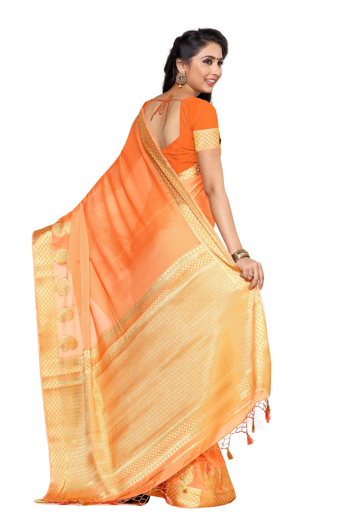 Mimosa Womens Crepe Saree Mysore Silk style Peach Color