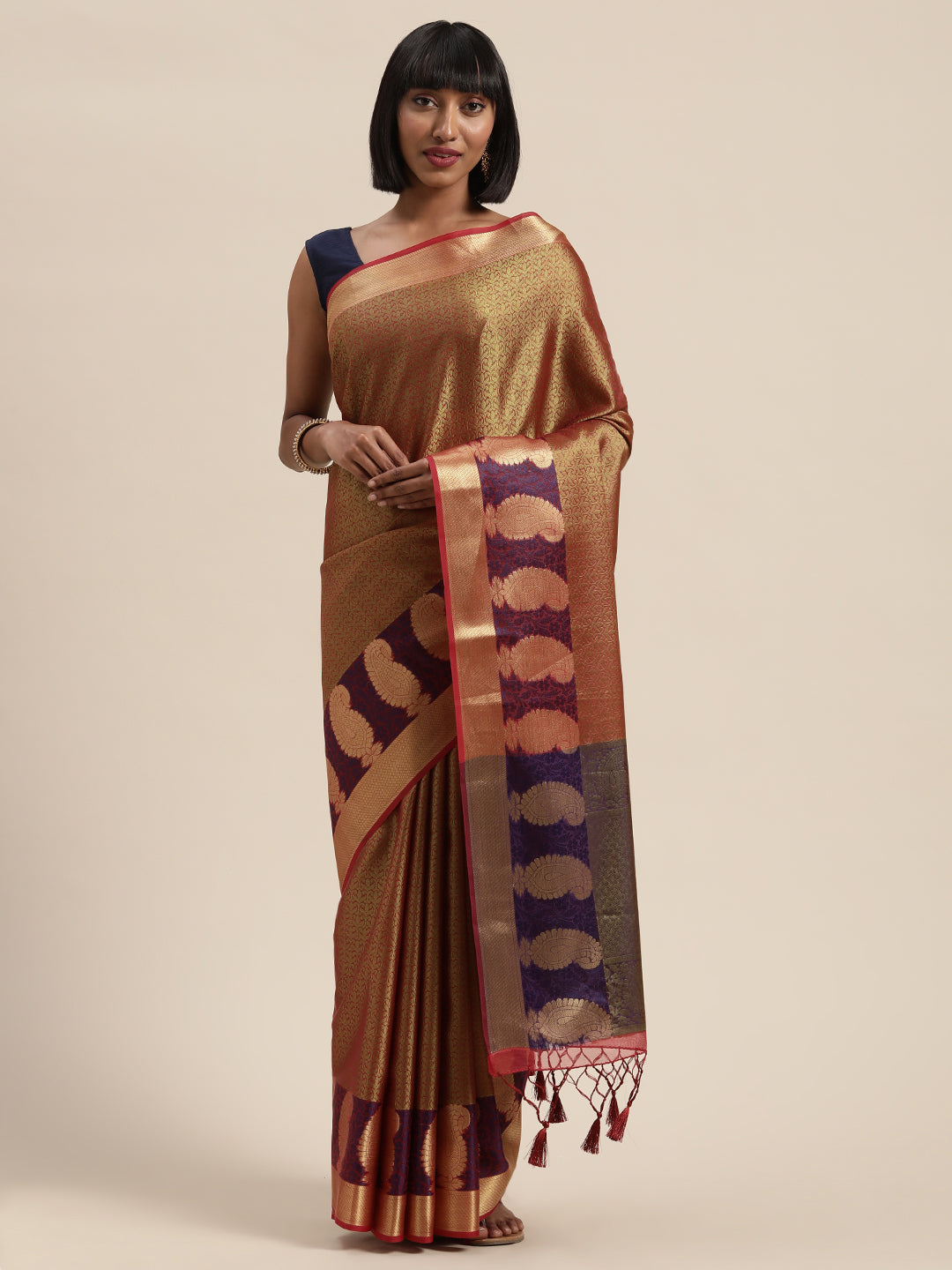 Mimosa Womens Art Silk Saree Kanjivaram Olive Color