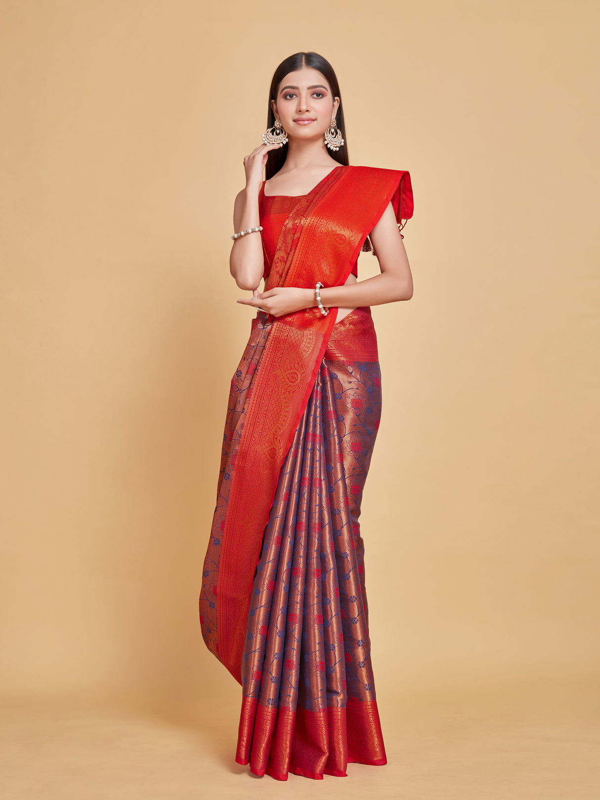 Mimosa Women's Woven Design Kanjivaram Style Art Silk Saree With Blouse Piece : SA00001286NVFREE