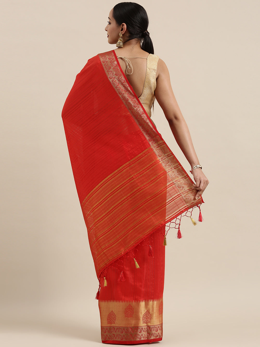 Mimosa Womens Raw Silk Saree Kanjivaram style Red Color