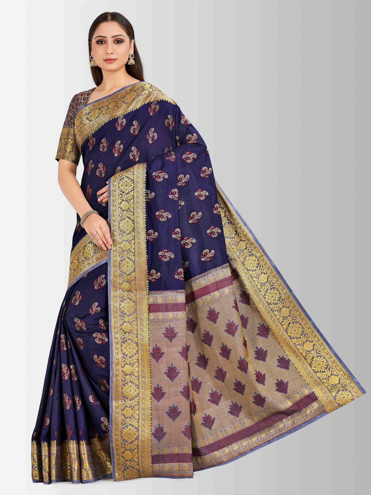 Mimosa Womens Art Silk Saree Paithani Navy Blue Color