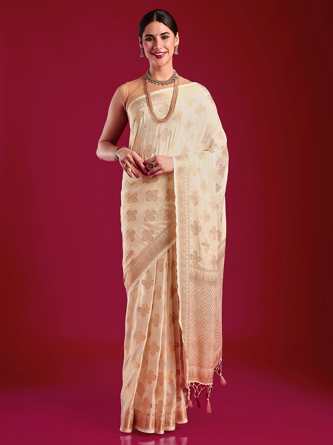 Mimosa Women's Woven Design Kasavu Crepe Saree With Blouse Piece : SA00001187CRFREE