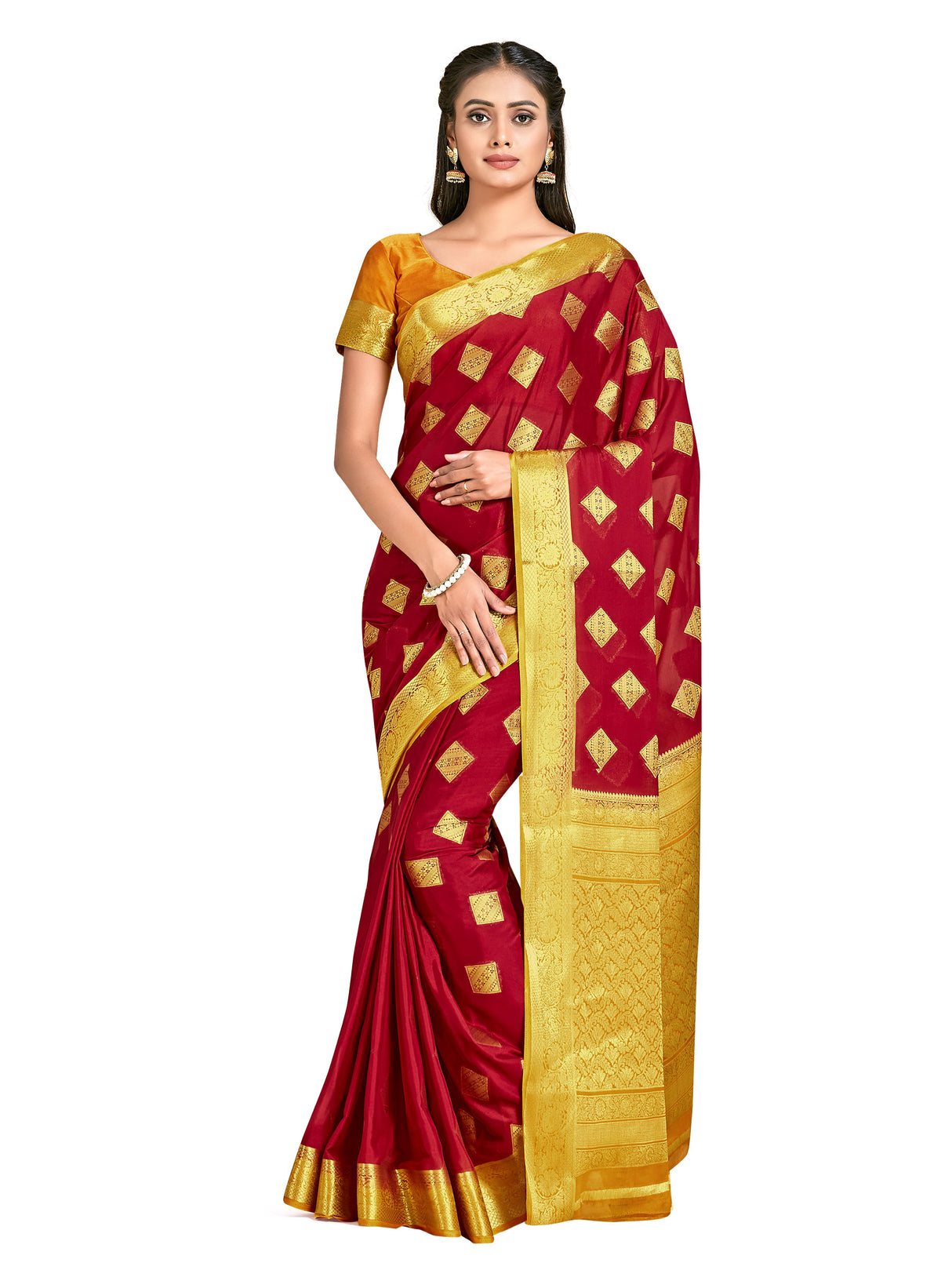 Mimosa Womens Crepe Saree Mysore Silk Maroon Color