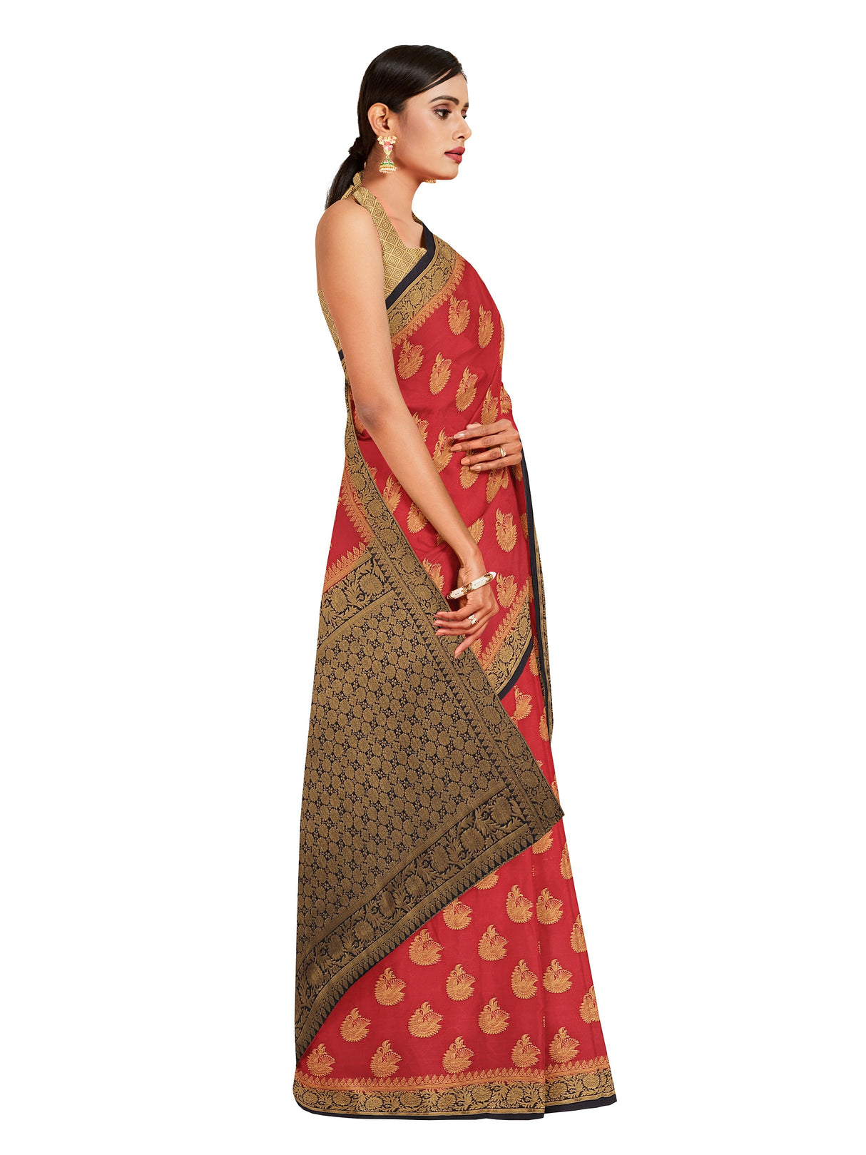 Mimosa Womens Crepe Saree Mysore Silk Strawberry Color