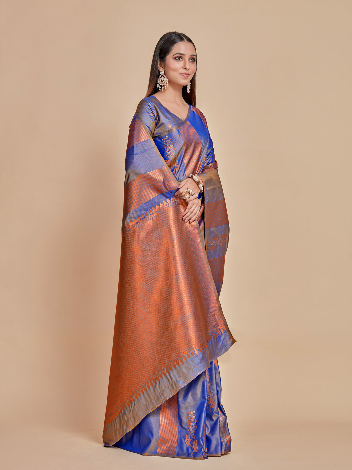 Mimosa Women's Woven Design Kanjivaram Style Art Silk Saree With Blouse Piece : SA00001383BLUFREE