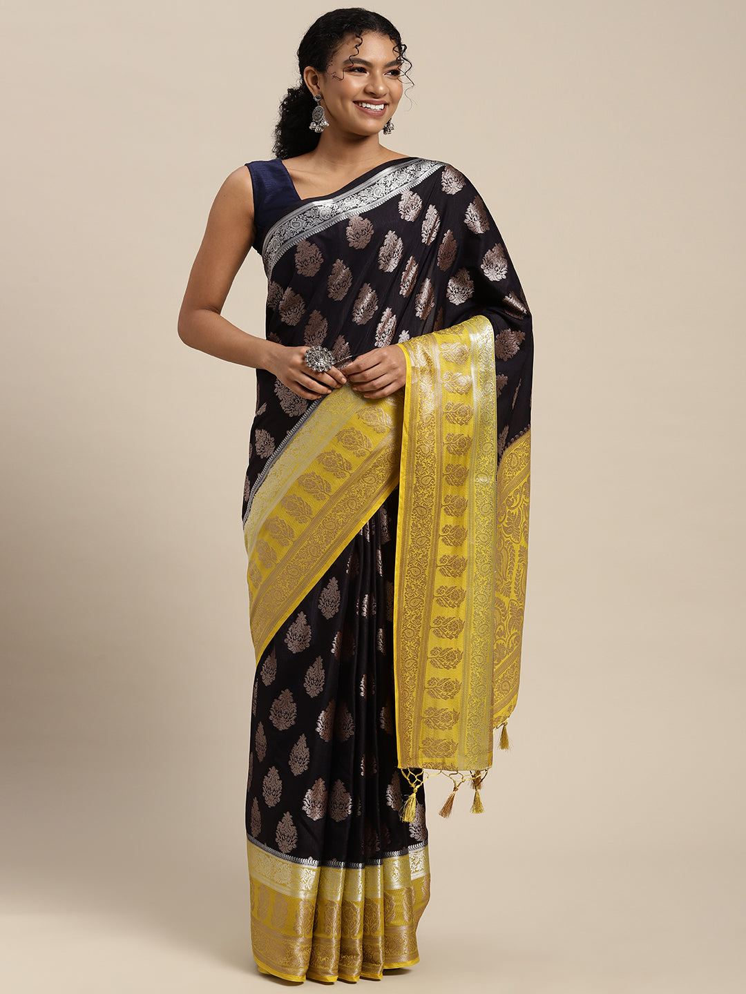 Mimosa Womens Art Silk Saree Kanjivaram Black Color