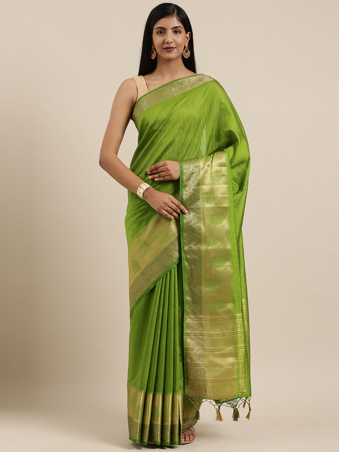 Mimosa Womens Raw Silk Saree Kanjivaram style Olive Color