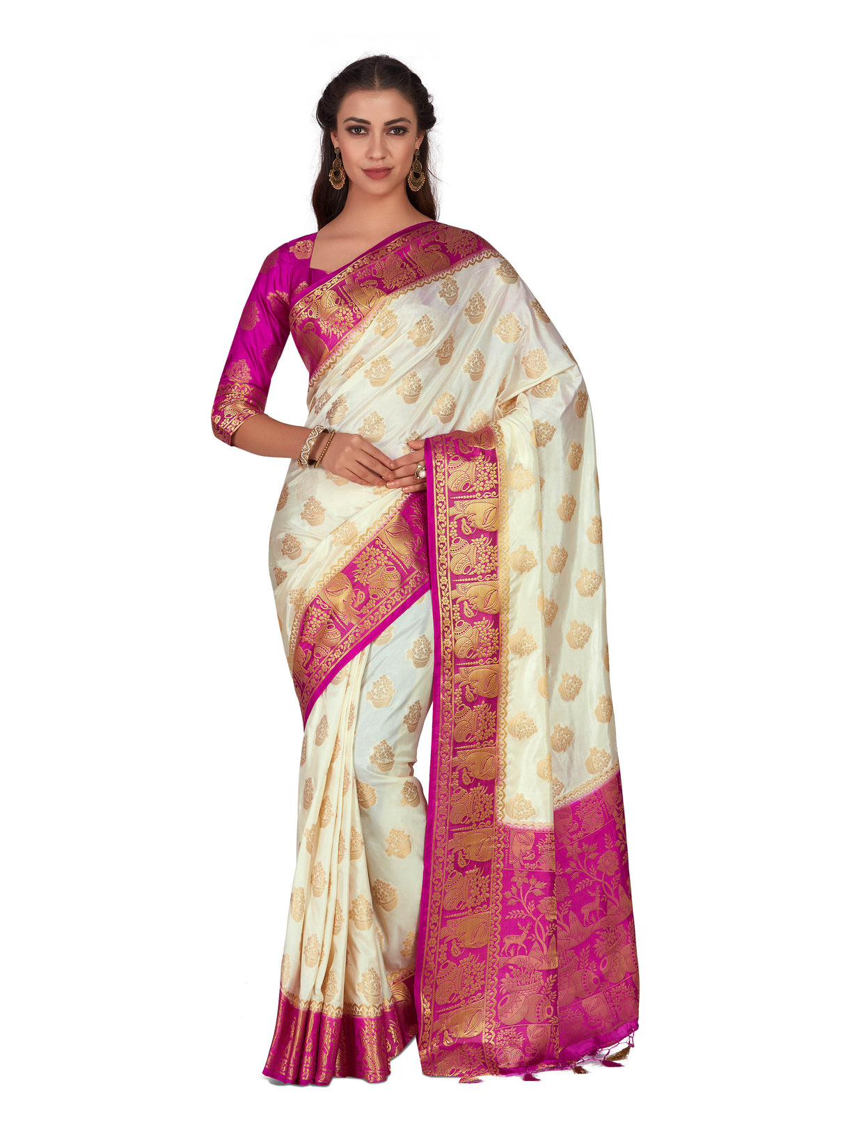 Mimosa Womens Art Silk Saree Kanjivaram Halfwhite Color