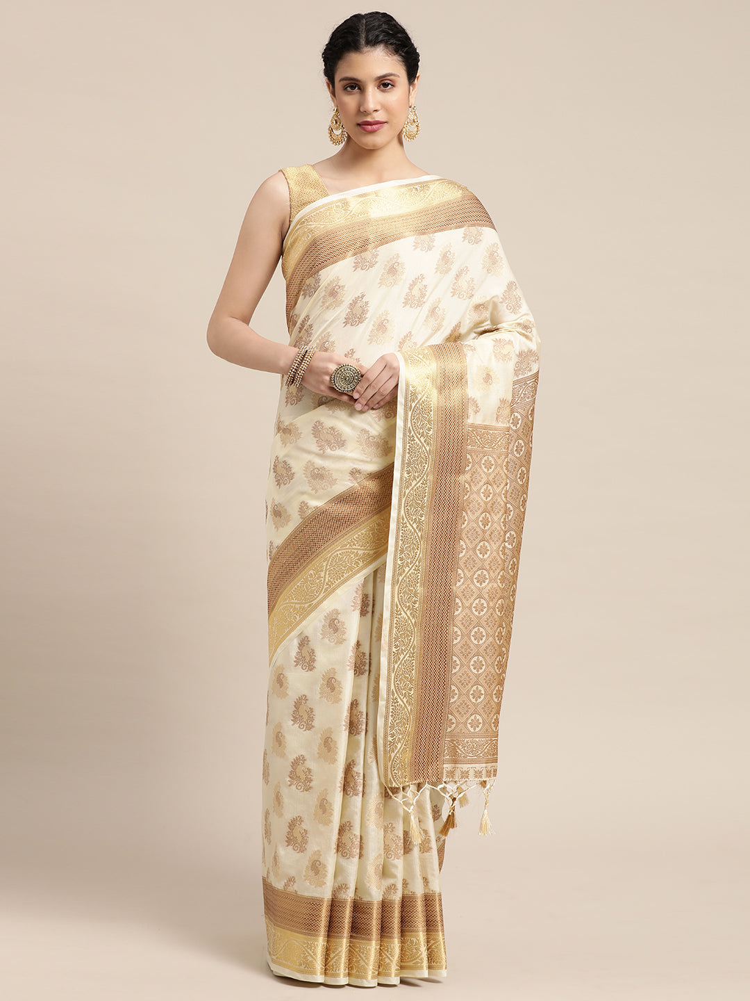 Mimosa Womens Art Silk Saree Kanjivaram Cream Color