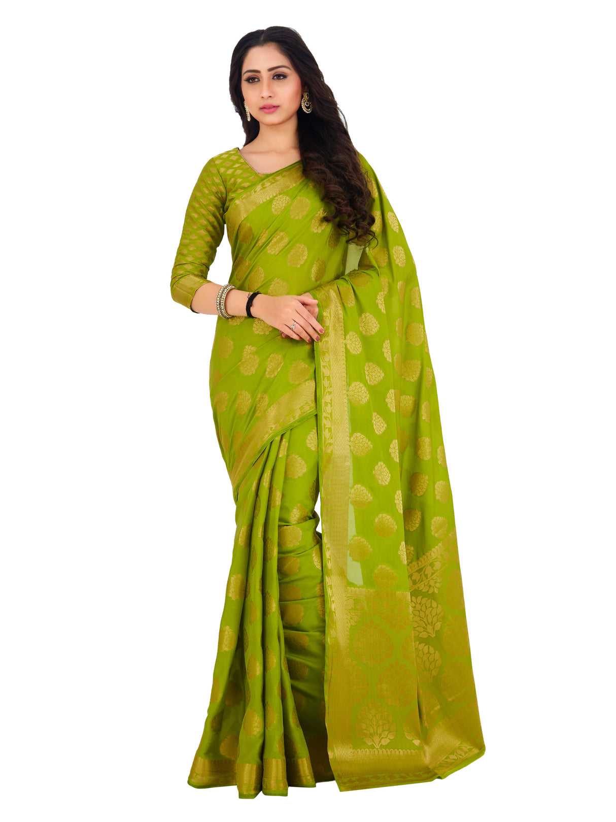 Mimosa Womens Crepe Saree Mysore Silk Olive Color