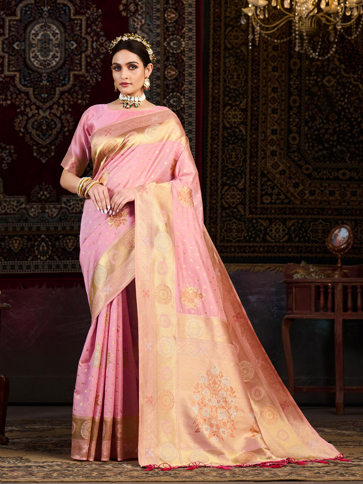 Mimosa Women's Woven Design Kanjivaram Art Silk Saree With Blouse Piece : SA0000904PNK