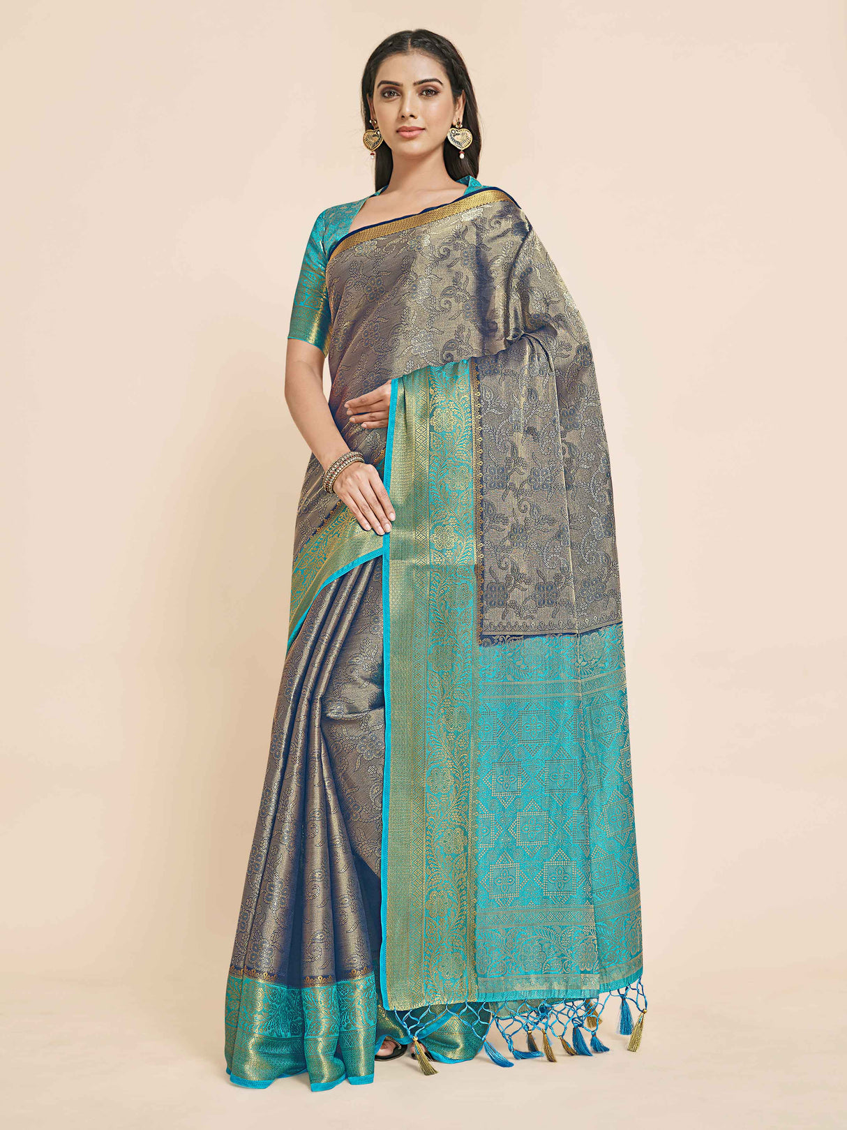 Mimosa Womens Art Silk Saree Kanjivaram Navy Blue Color