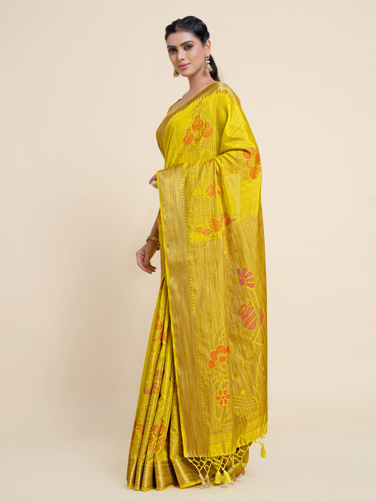 Mimosa Womens Art Silk Saree Kanjivaram Yellow Color