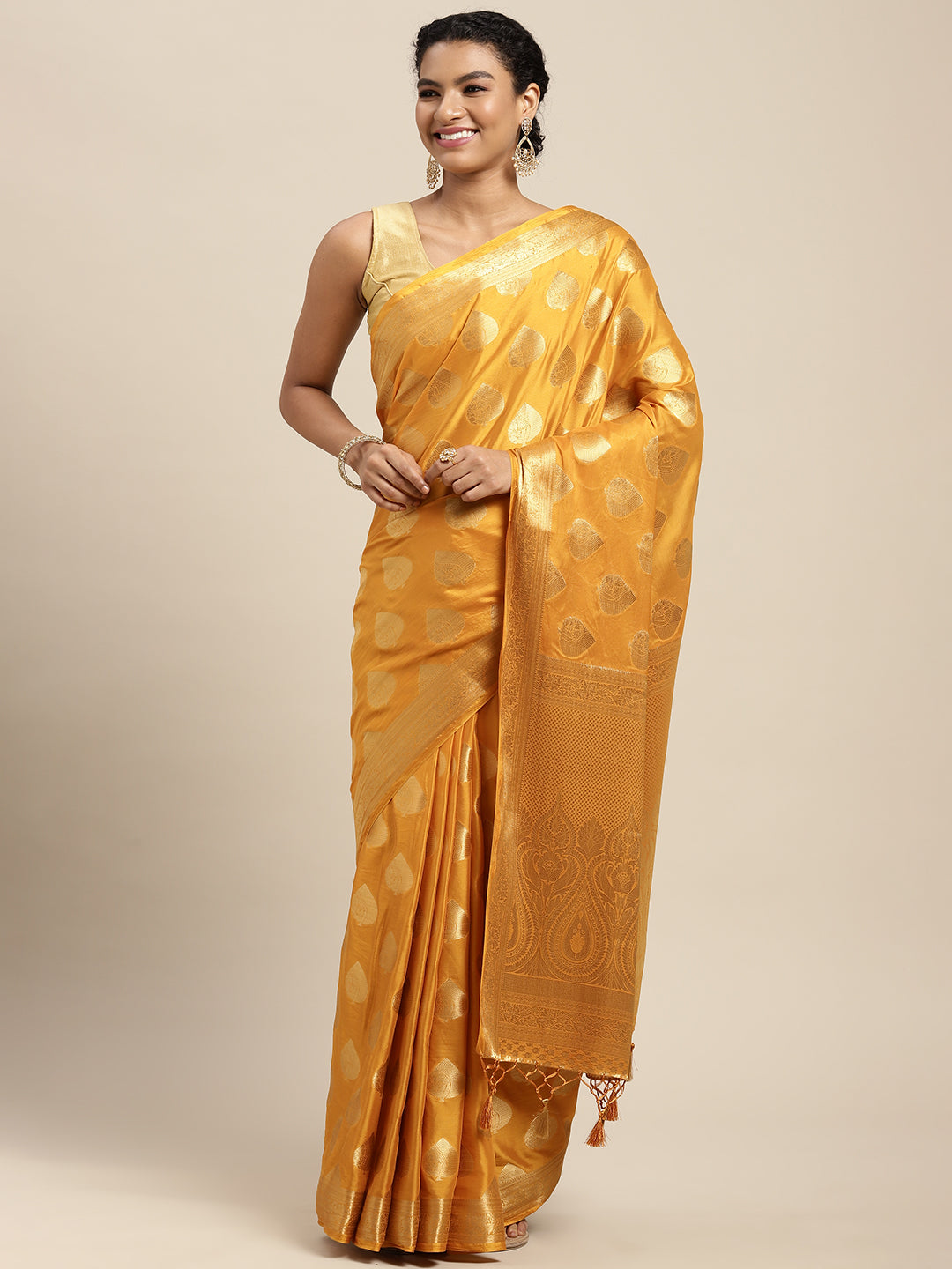 Mimosa Womens Crepe Saree Mysore Silk Mustard Color