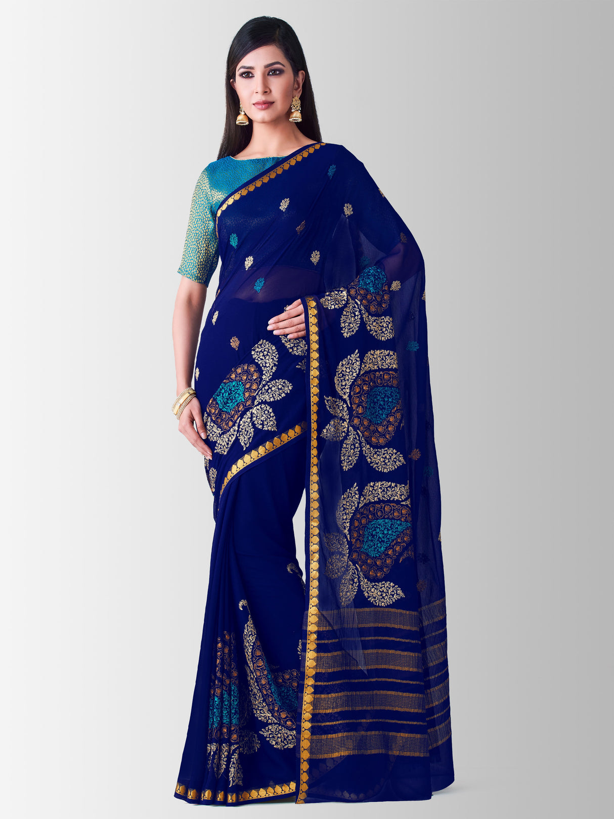 Mimosa Womens Chiffon Saree Banarasi style Navy Blue Color