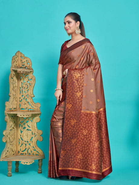 Mimosa Women's Woven Design Kanjivaram Style Art Silk Saree With Blouse Piece : SA00001329BRNFREE