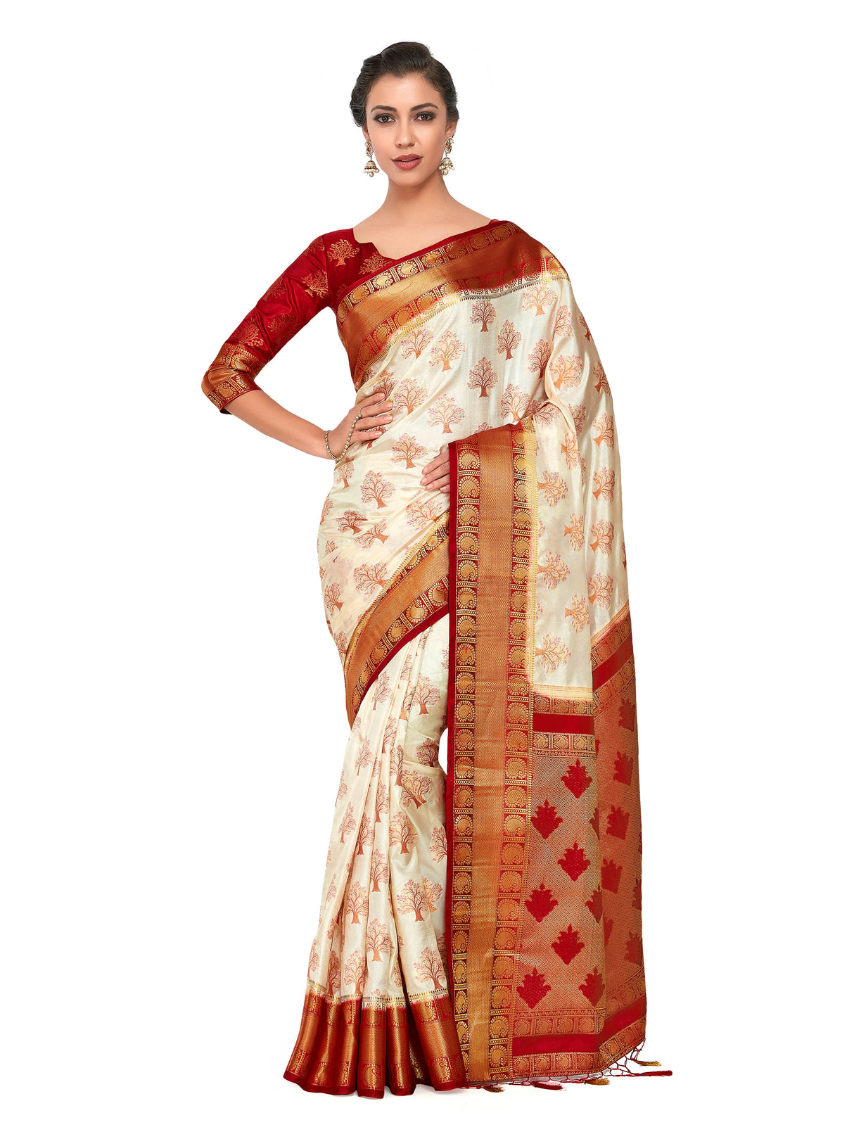 Mimosa Womens Art Silk Saree Kanjivaram Halfwhite Color