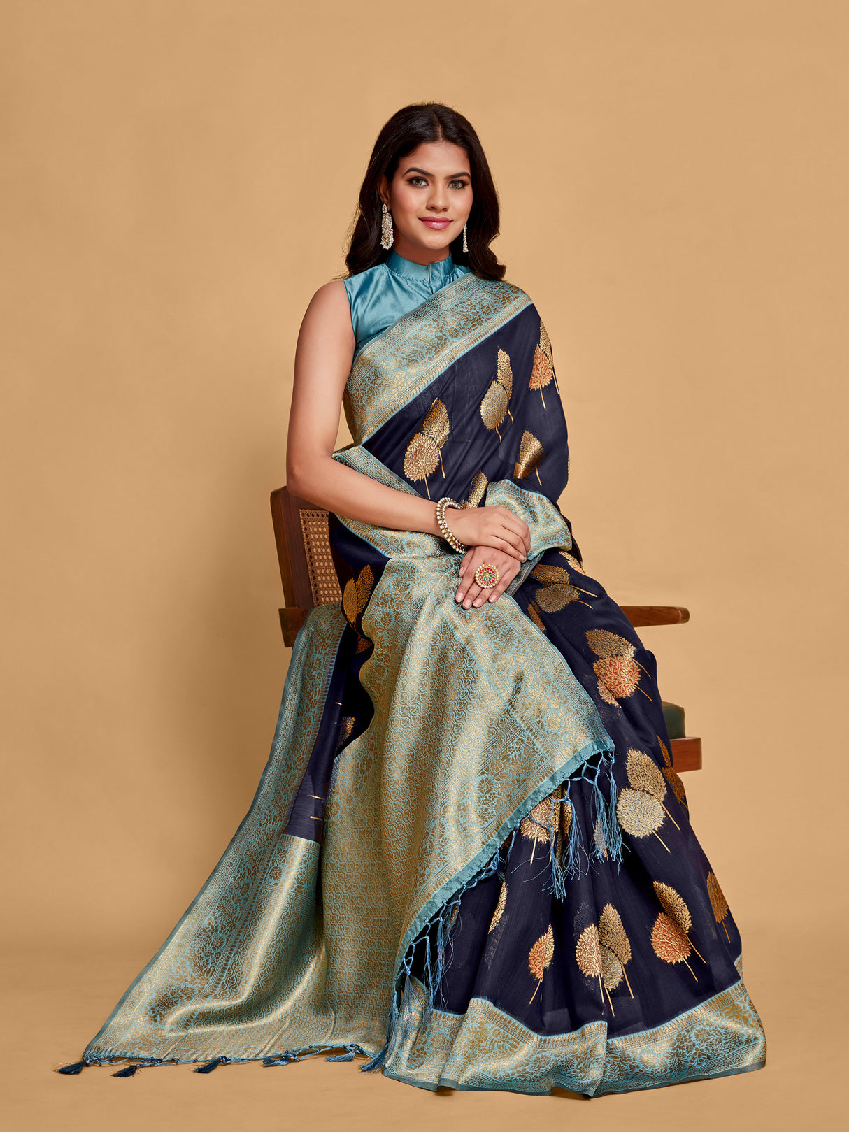 Mimosa Women's Woven Design Kanjivaram Linen Saree With Blouse Piece : SA00001234NVFREE