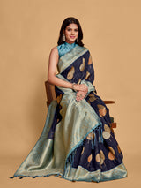 Mimosa Women's Woven Design Kanjivaram Linen Saree With Blouse Piece : SA00001234NVFREE