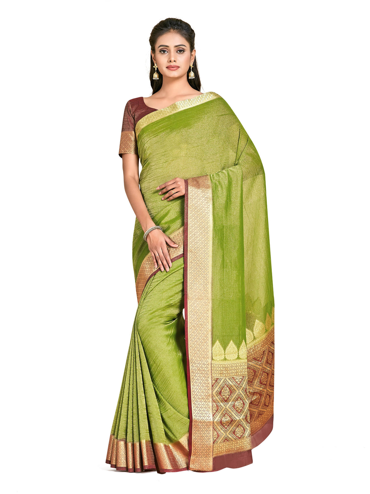 Mimosa Womens Art Silk Saree Kanjivaram style Olive Color