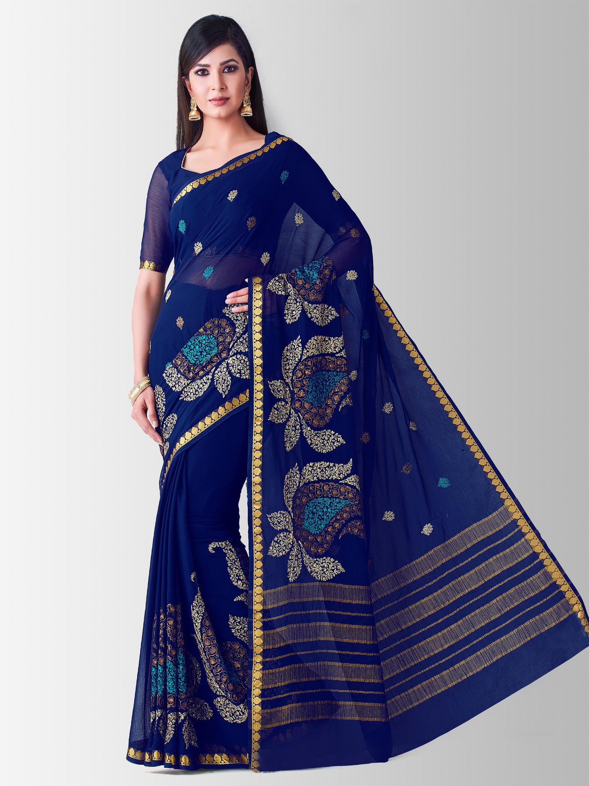 Mimosa Womens Chiffon Saree Banarasi style Navy Blue Color