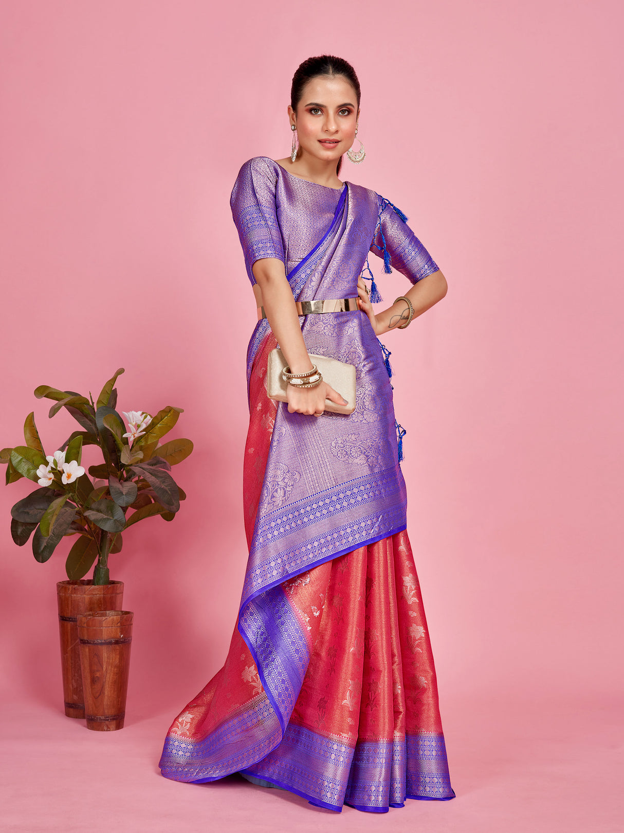 Mimosa Women's Woven Design Kanjivaram Style Art Silk Saree With Blouse Piece : SA0000376PNKFREE