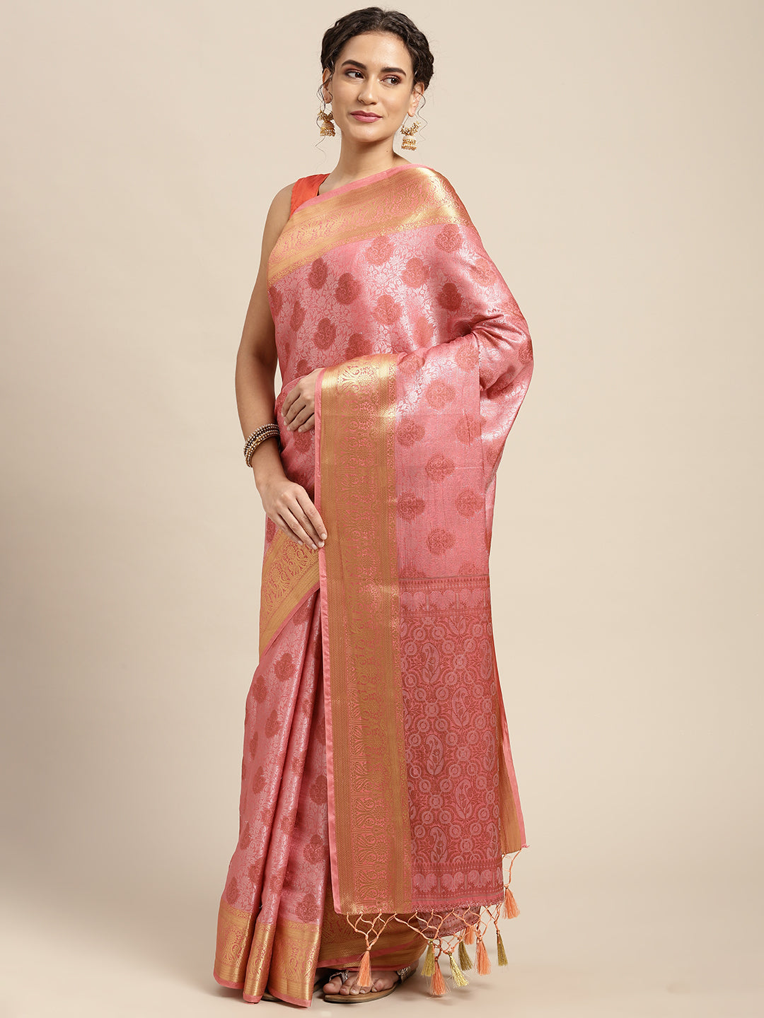 Mimosa Womens Art Silk Saree Kanjivaram Pink Color