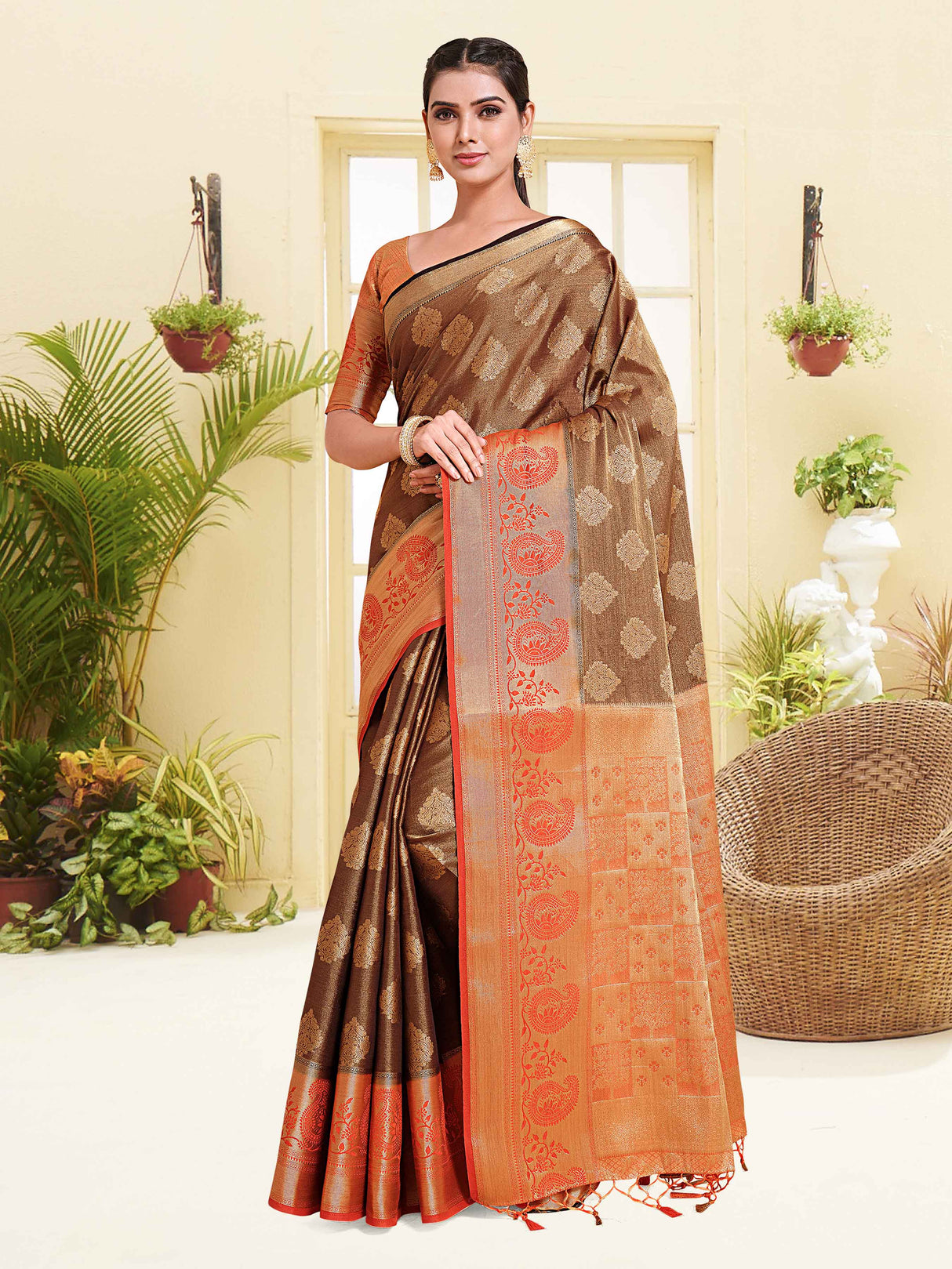 Mimosa Womens Art Silk Saree Kanjivaram Chocolate Color