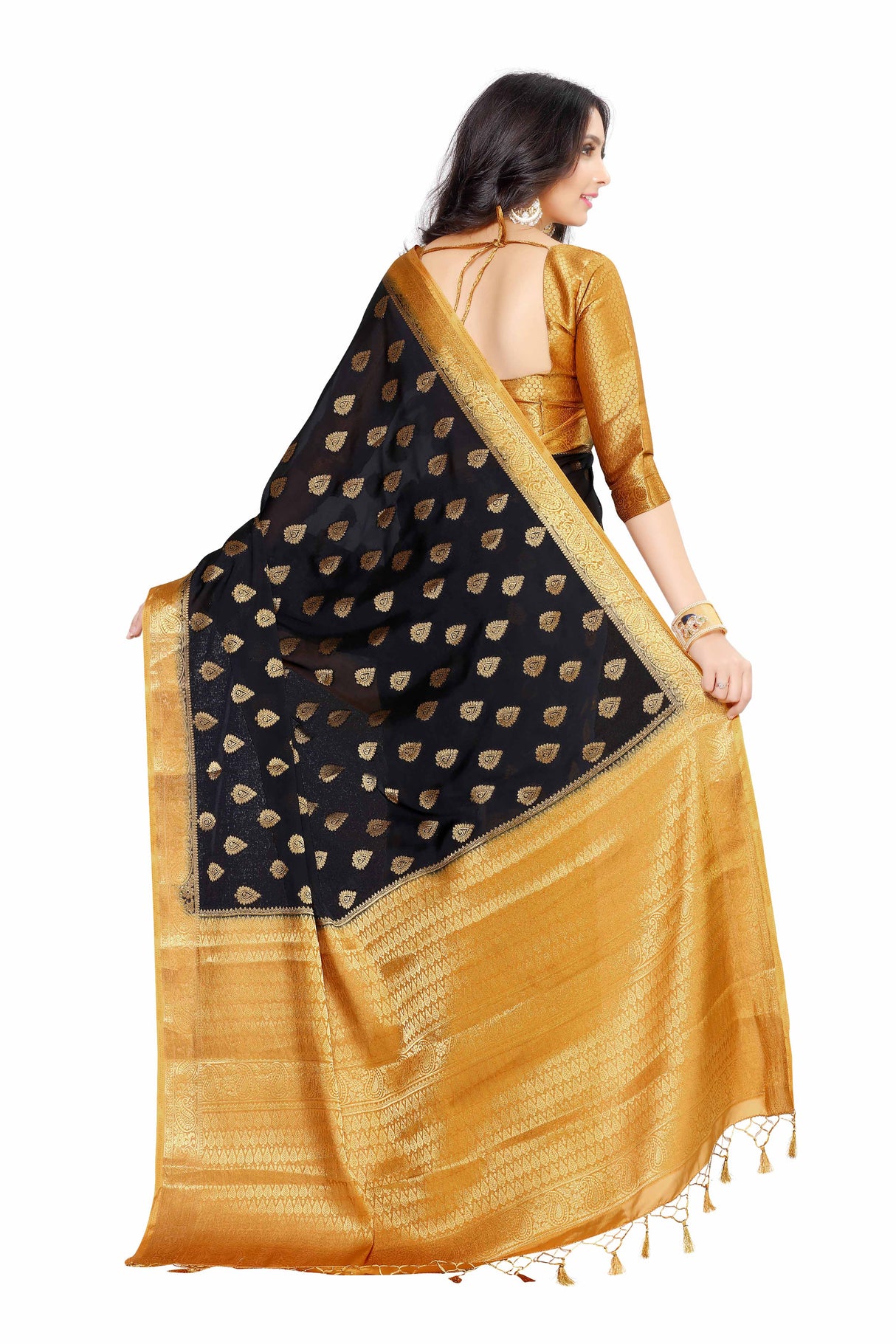 Mimosa Womens Crepe Saree Mysore Silk Black Color