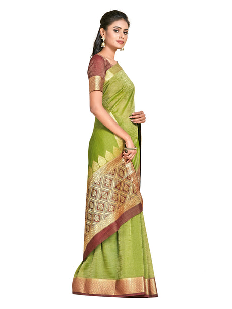 Mimosa Womens Art Silk Saree Kanjivaram style Olive Color