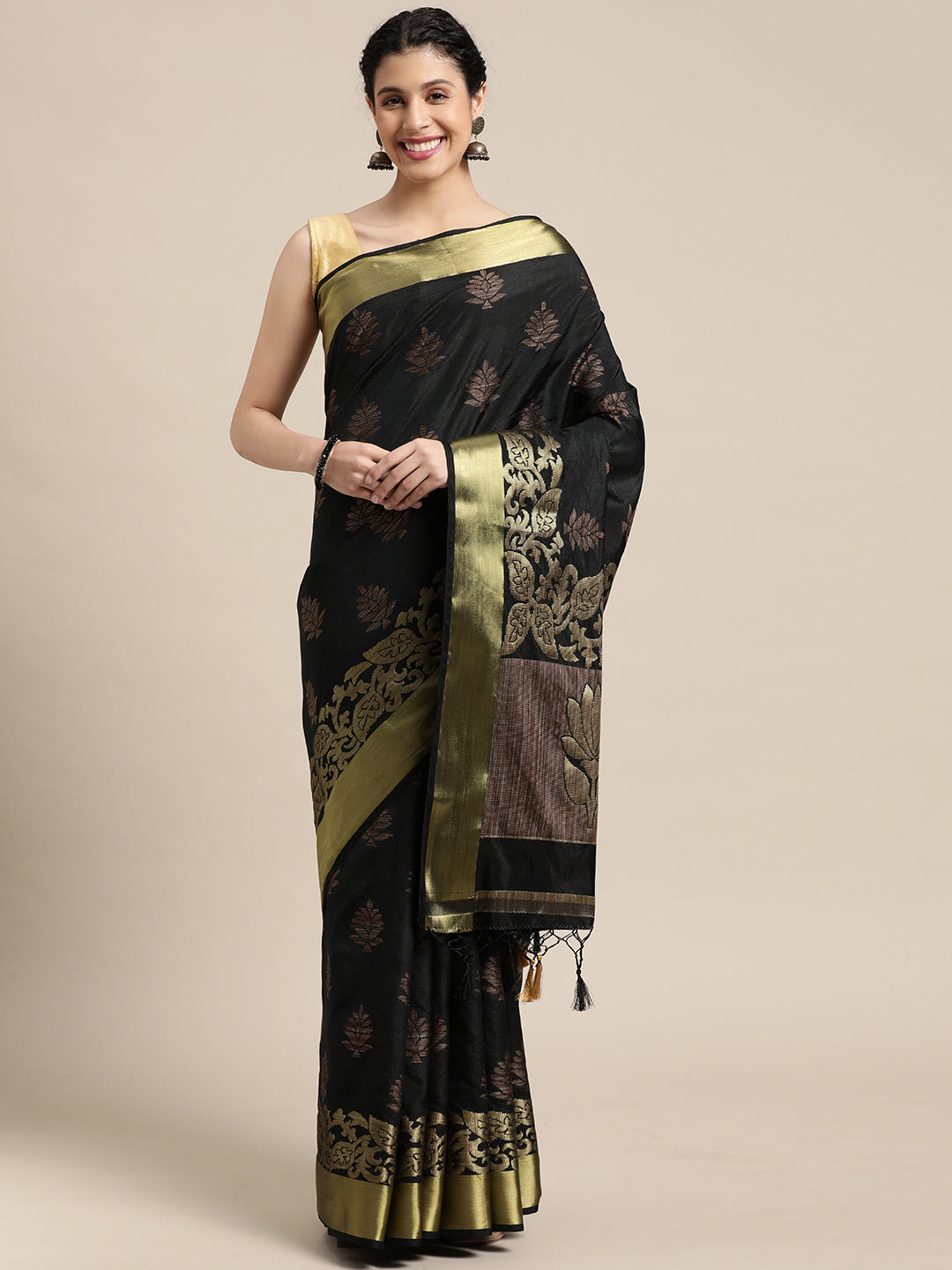 Mimosa Womens Art Silk Saree Kanjivaram Black Color