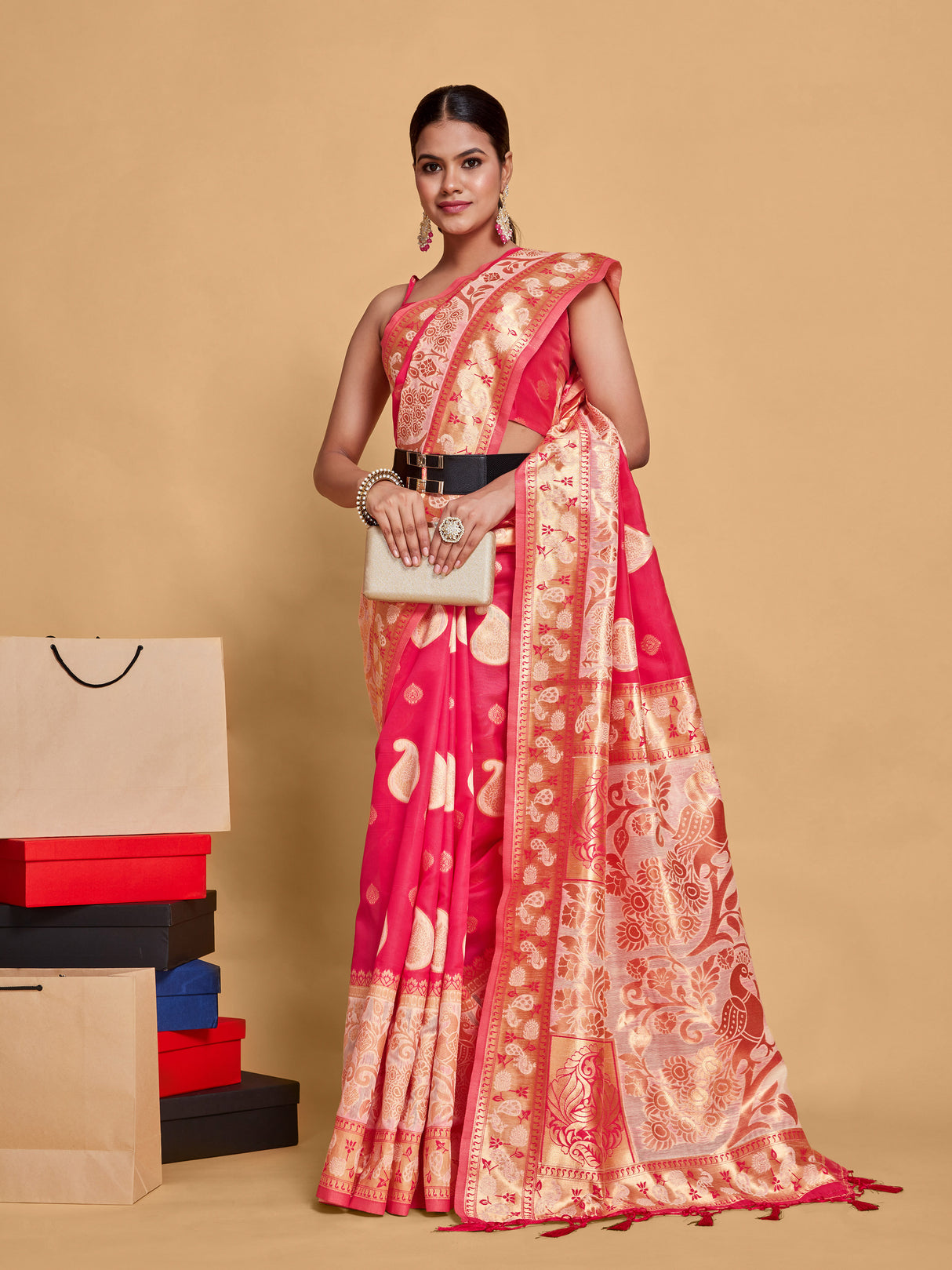 Mimosa Women's Woven Design Kanjivaram Art Silk Saree With Blouse Piece : SA00001246RNFREE