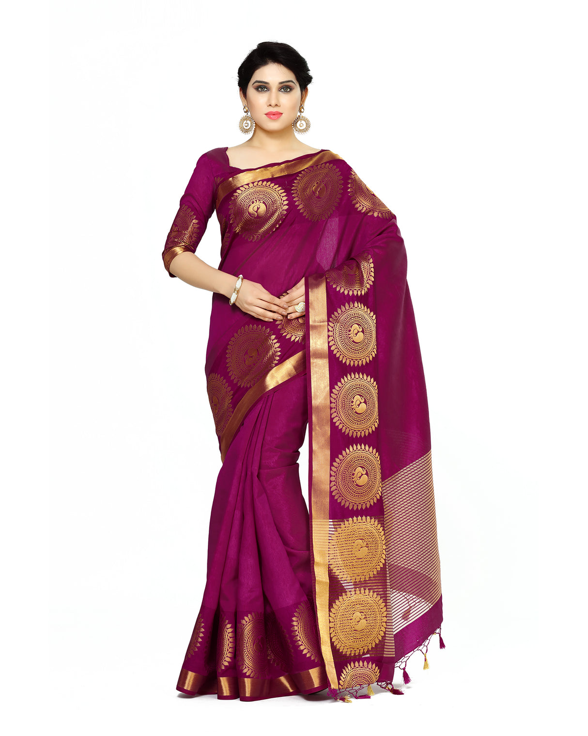 Mimosa Womens Tussar Silk Saree Banarasi style Mejanta Color