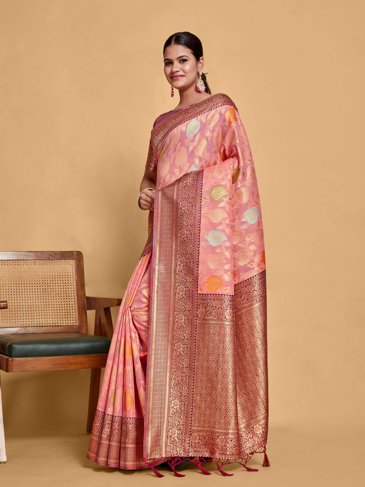 Mimosa Women's Woven Design Kanjivaram Linen Saree With Blouse Piece : SA00001236PNKFREE