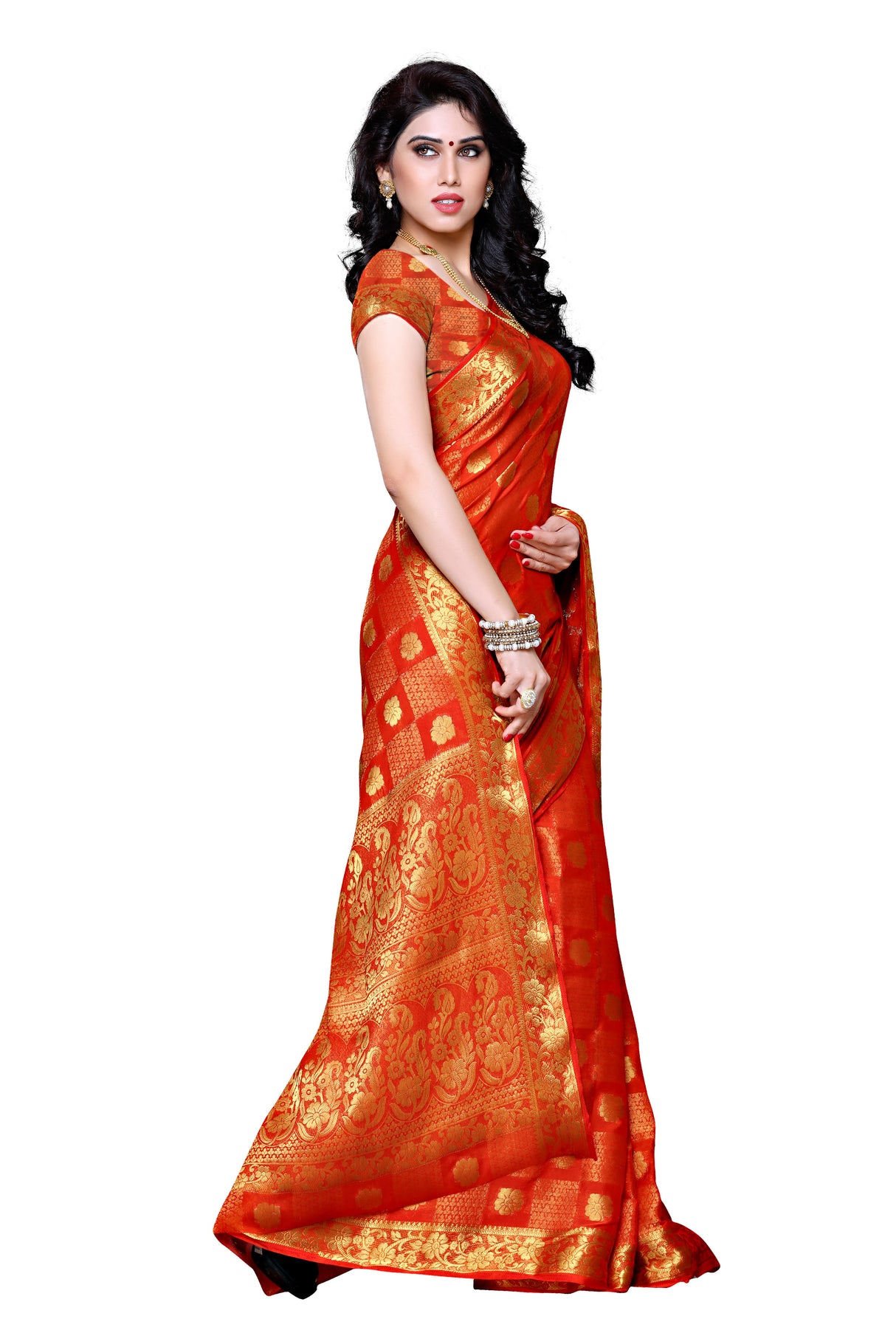 Mimosa Womens Chiffon Saree Kanjivaram Orange Color