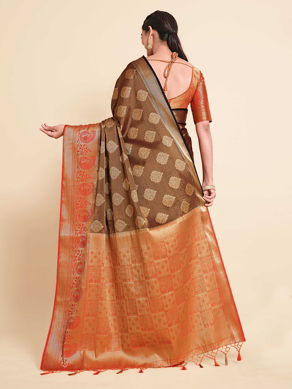 Mimosa Womens Art Silk Saree Kanjivaram Chocolate Color