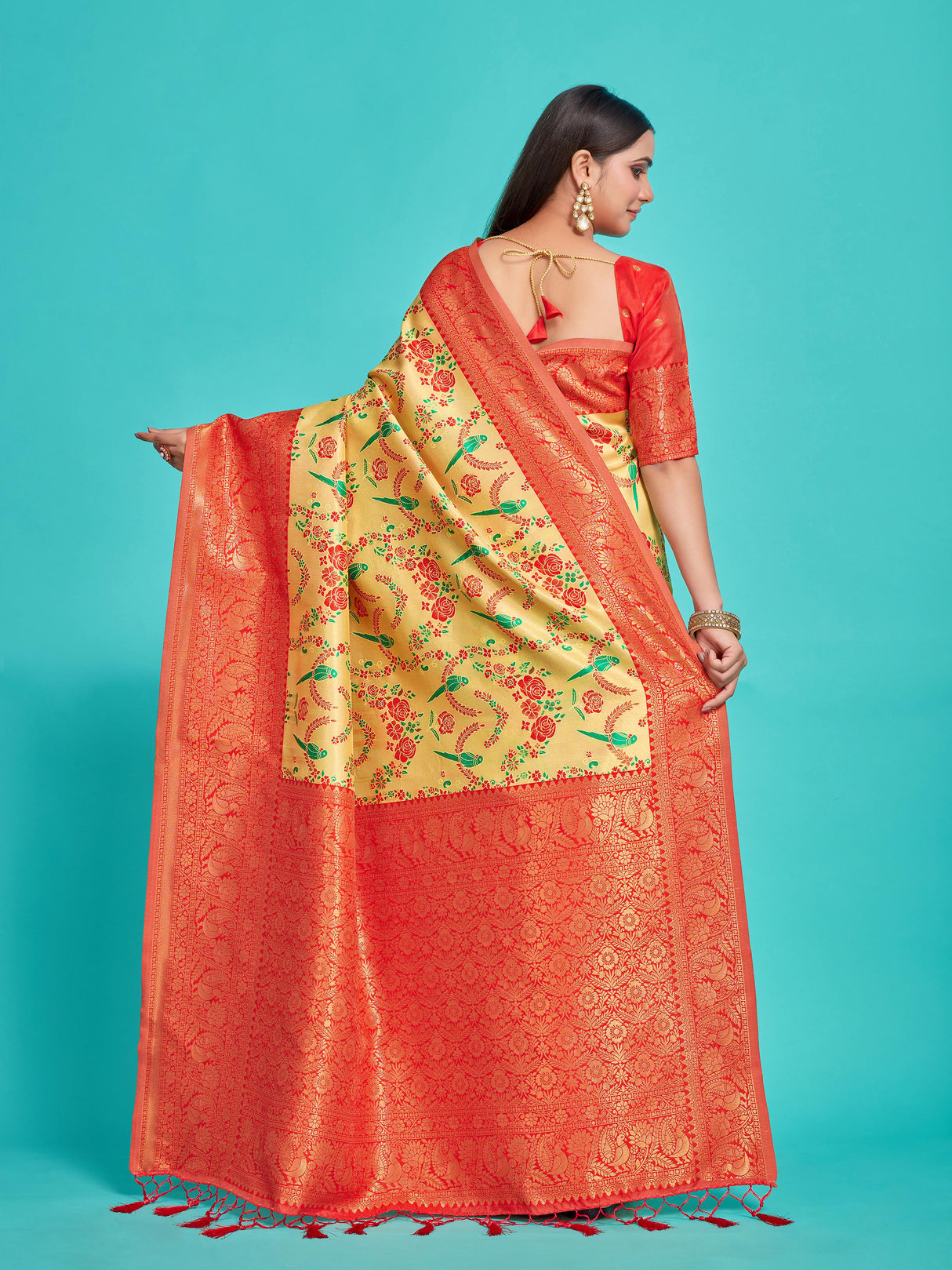 Mimosa Women's Woven Design Kanjivaram Style Art Silk Saree With Blouse Piece : SA00001257YLWFREE