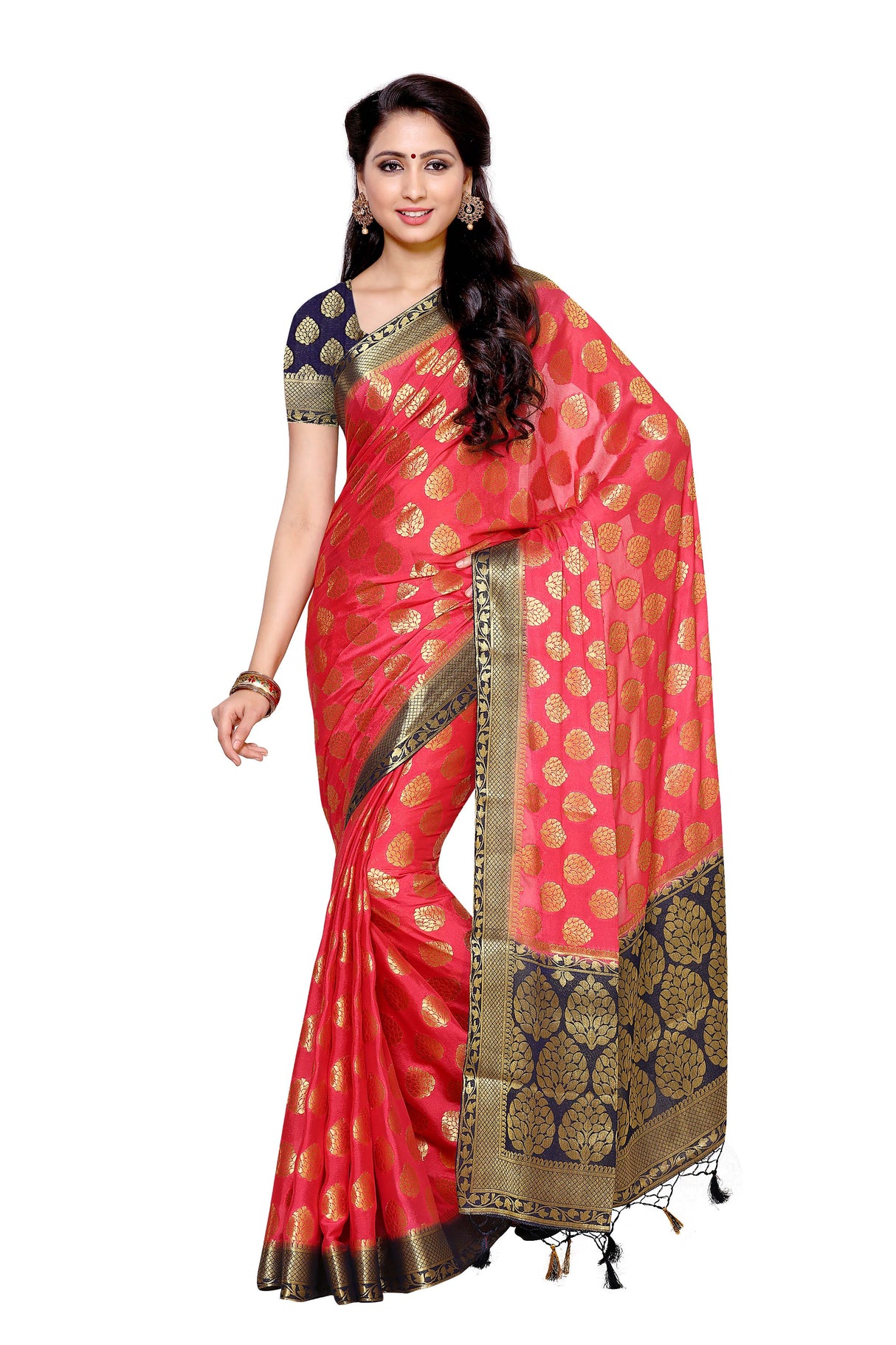 Mimosa Womens Crepe Saree Mysore Silk Strawberry Color