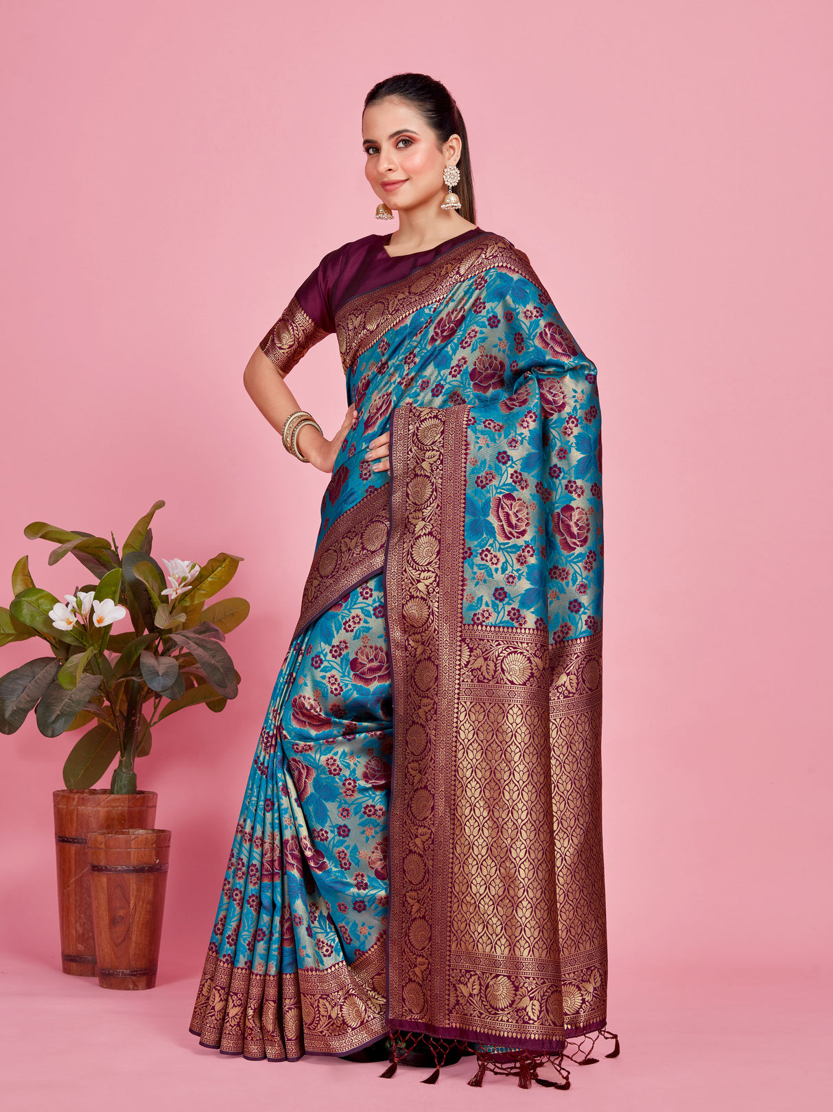 Mimosa Women's Woven Design Kanjivaram Style Art Silk Saree With Blouse Piece : SA00001335SFFREE