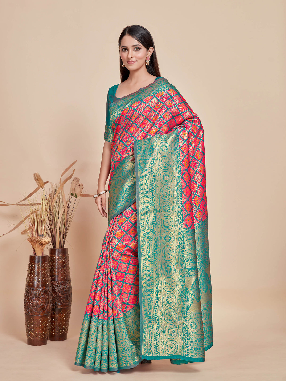 Mimosa Women's Woven Design Patola Style Art Silk Saree With Blouse Piece : SA00001345PNKFREE