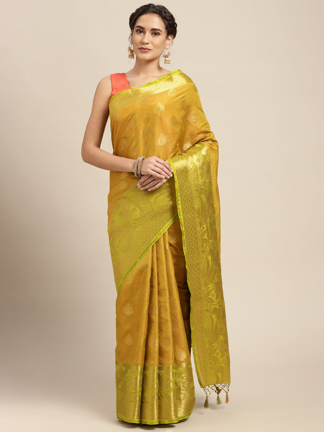 Mimosa Womens Art Silk Saree Kanjivaram Olive Color