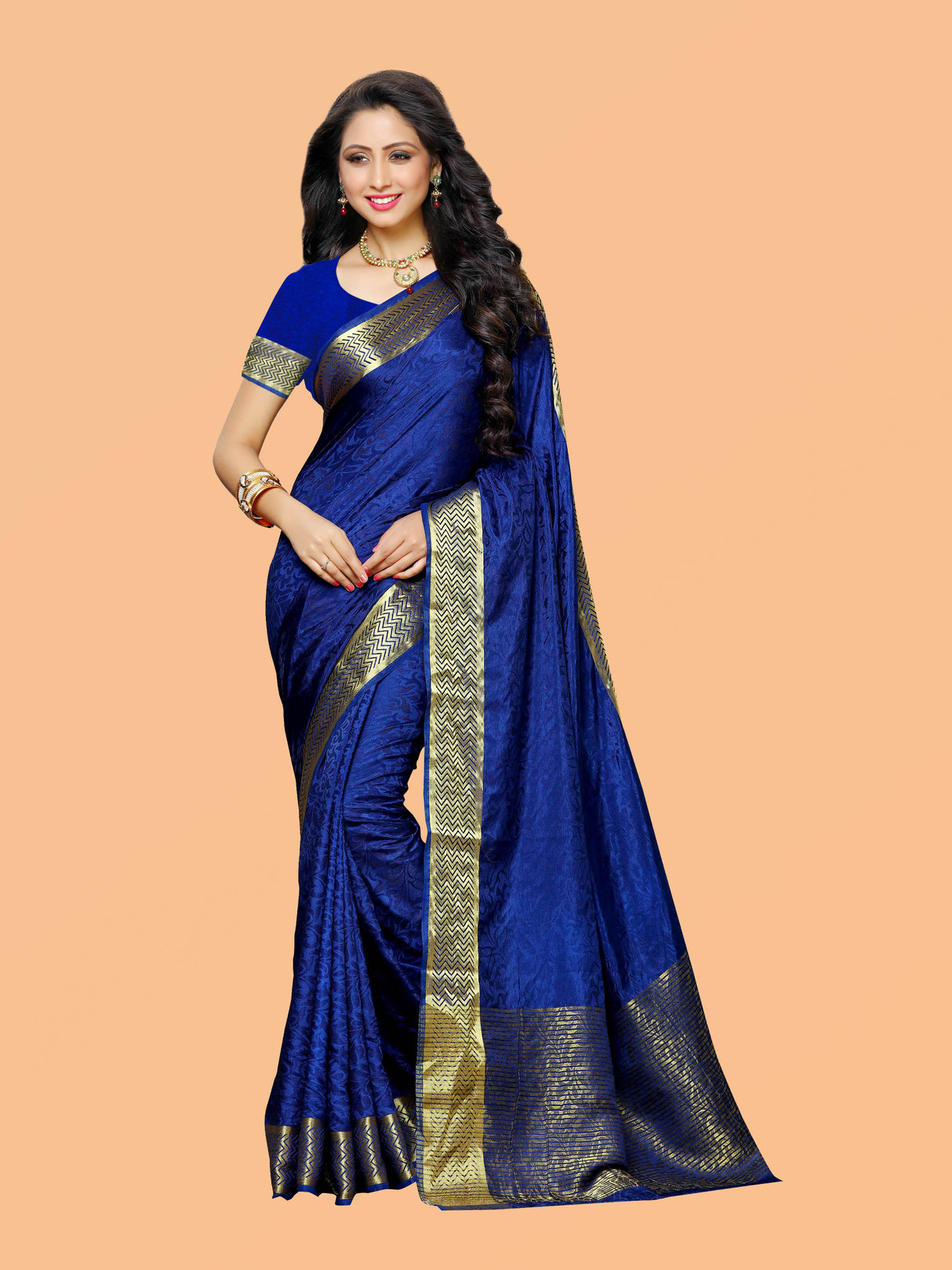 Mimosa Womens Tussar Silk Saree Kanjivaram style Navy Blue Color