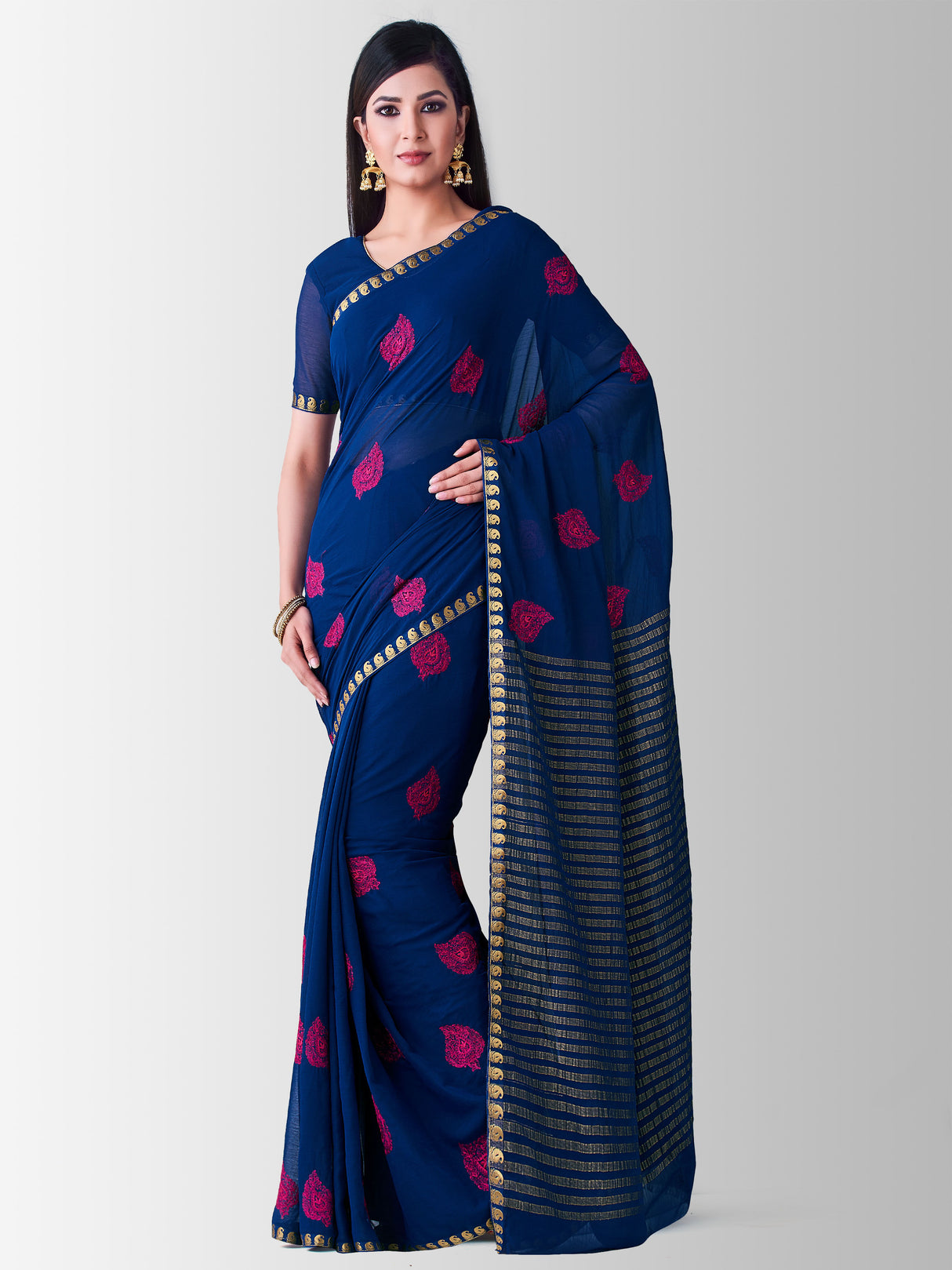 Mimosa Womens Chiffon Saree Banarasi style Navy Blue Color