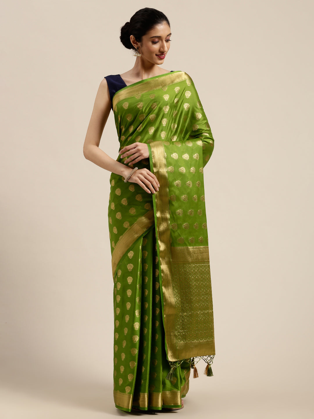 Mimosa Womens Crepe Saree Mysore Silk Olive Color