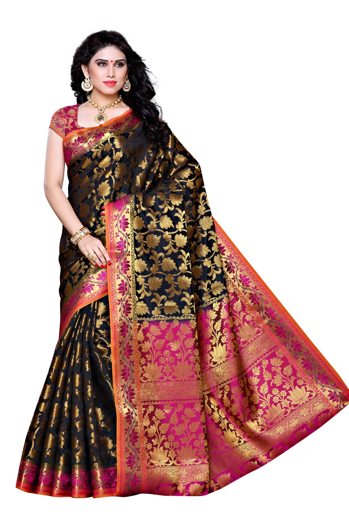 Mimosa Womens Art Silk Saree Kanjivaram Black Color