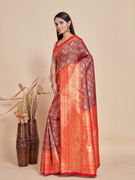 Mimosa Women's Woven Design Patola Style Art Silk Saree With Blouse Piece : SA00001345NVFREE