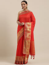 Mimosa Womens Raw Silk Saree Kanjivaram style Red Color