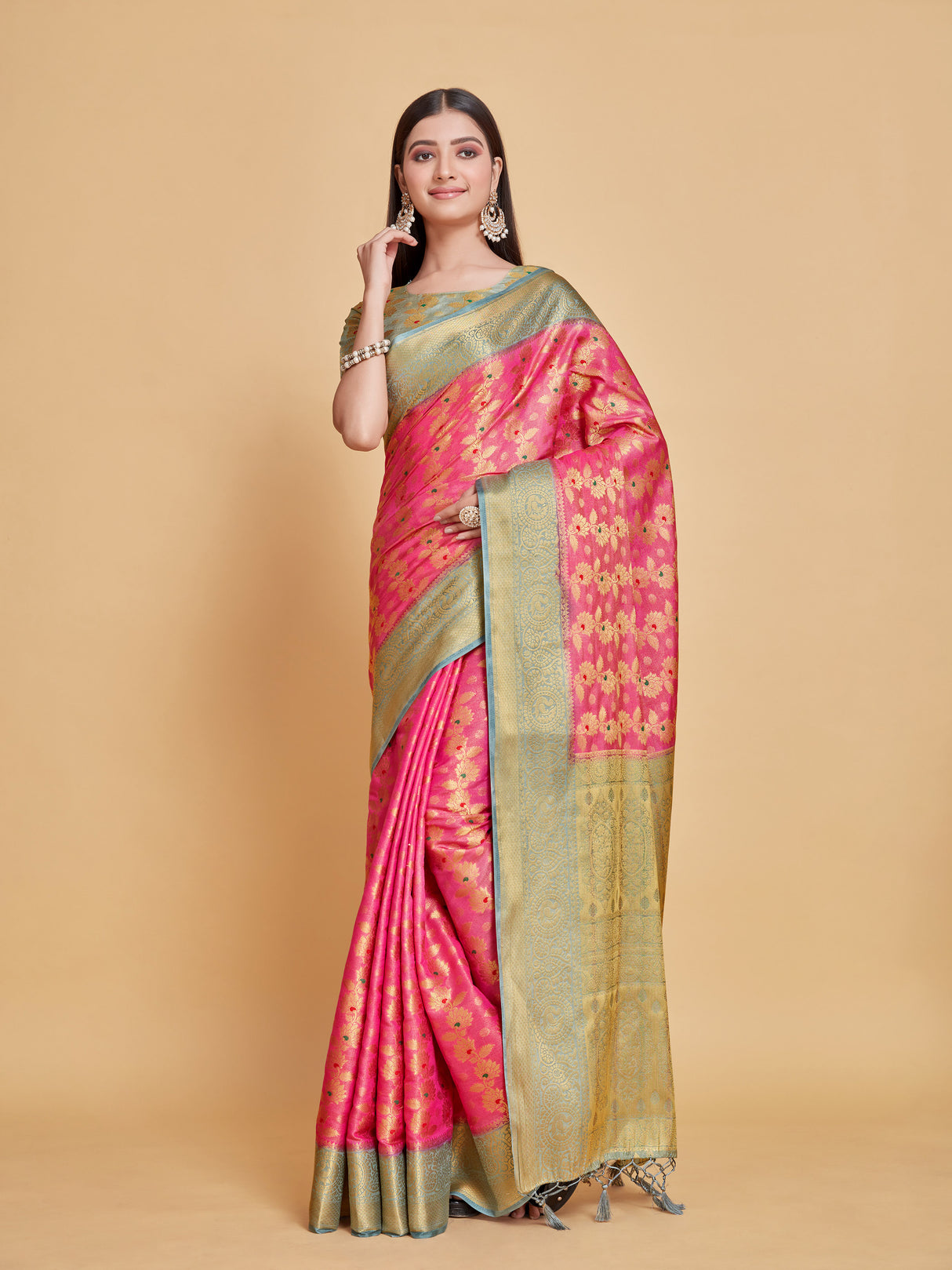 Mimosa Women's Woven Design Kanjivaram Style Art Silk Saree With Blouse Piece : SA00001125PNKFREE